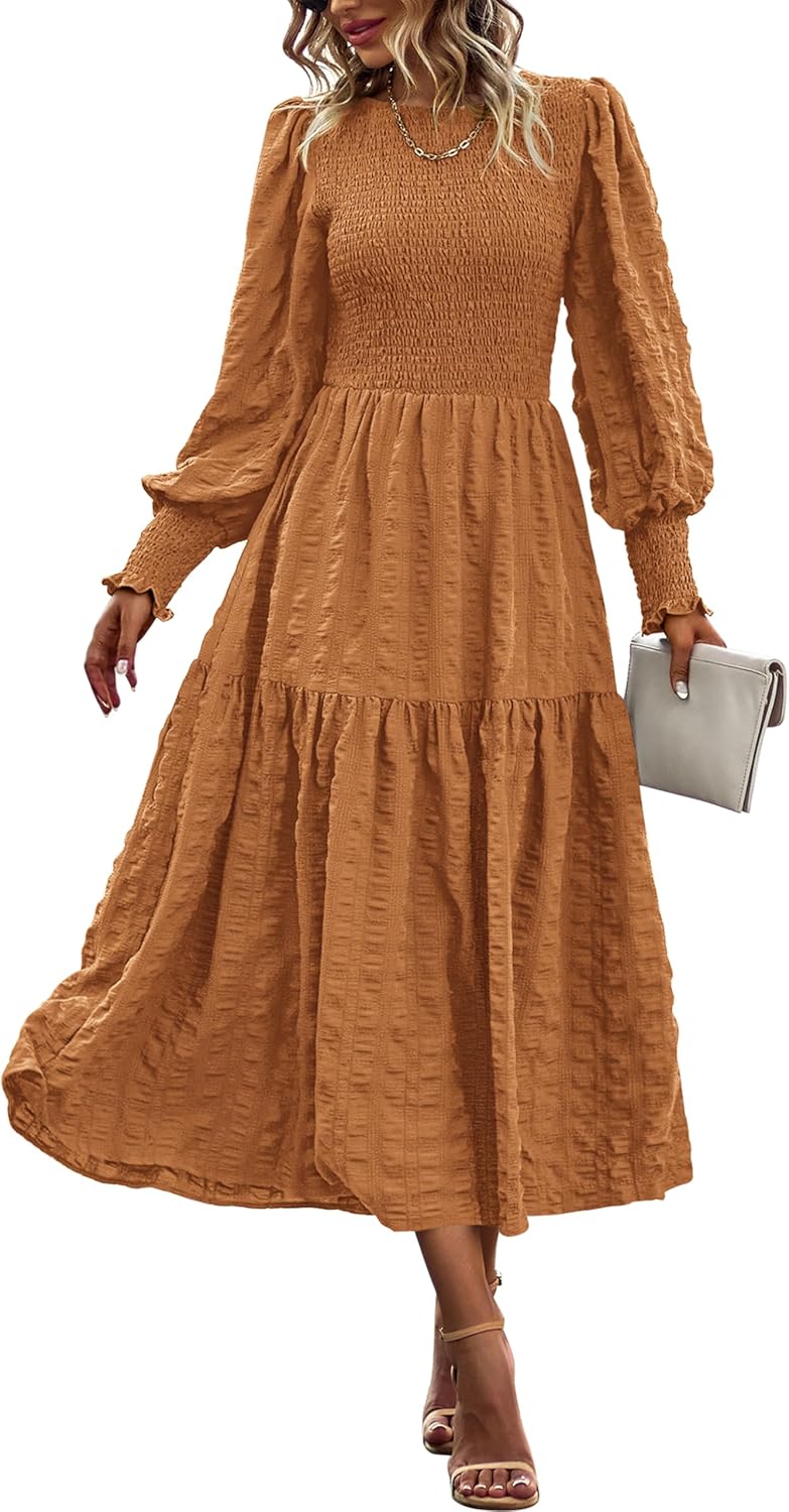 PRETTYGARDEN Women Dress, Special Puff Long Sleeve Crewneck Smocked Maxi Dress,...