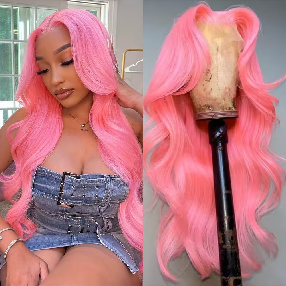 Pink Lace Front Wig, High-Quality Human Hair Body Wave Colored Lace Front Wig, S...
