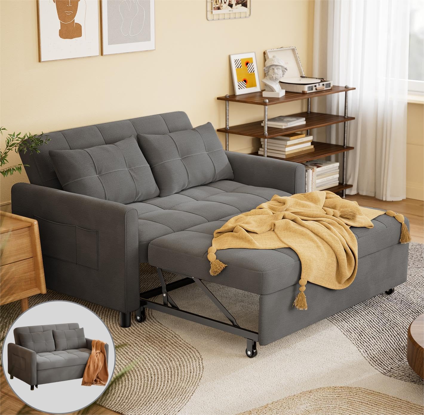 Gizoon 3-in-1 Convertible Sofa Bed, 52" Loveseat Sleeper with Pull Out Couch, Li...