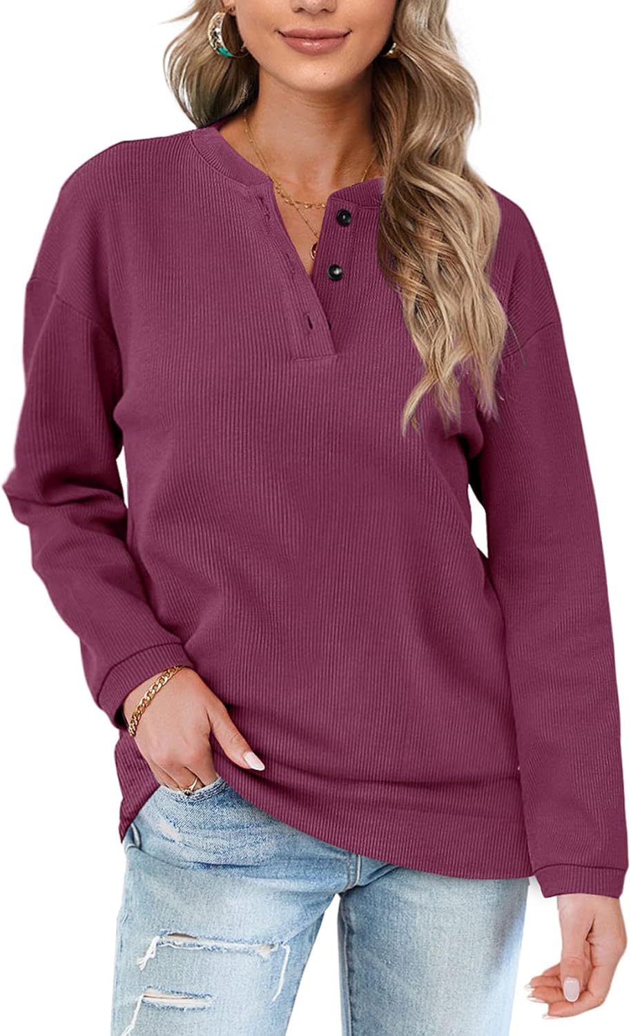 OFEEFAN Womens Casual Sweatshirts, Special Henley Button Up Tunic Tops, Innovati...