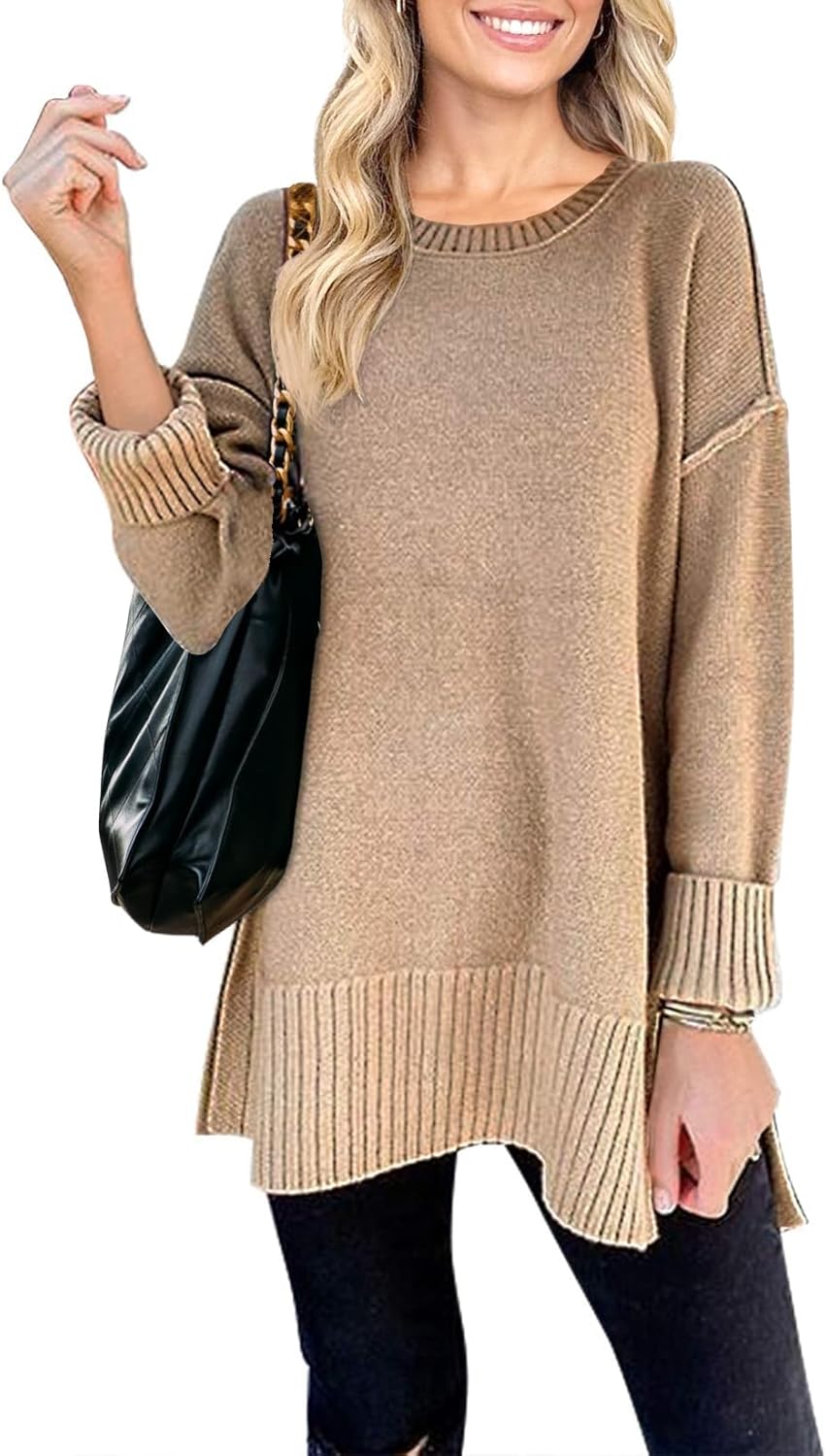 MEROKEETY Fall Casual Sweater, Special Crew Neck Side Split Sweater, Innovative...