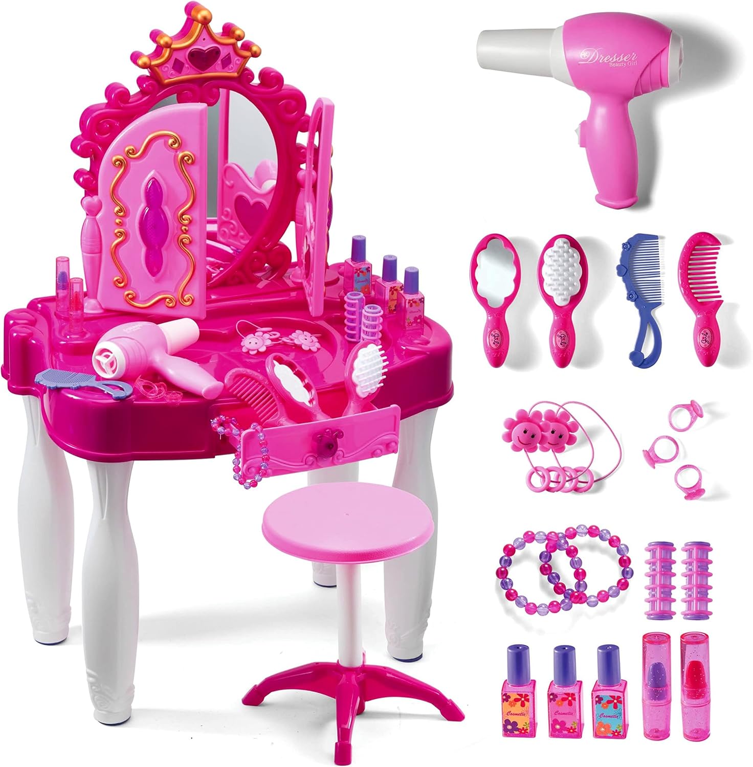 Play22 Pretend Play Girls Vanity Set with Mirror and Stool 21 PCS - Kids Makeup...