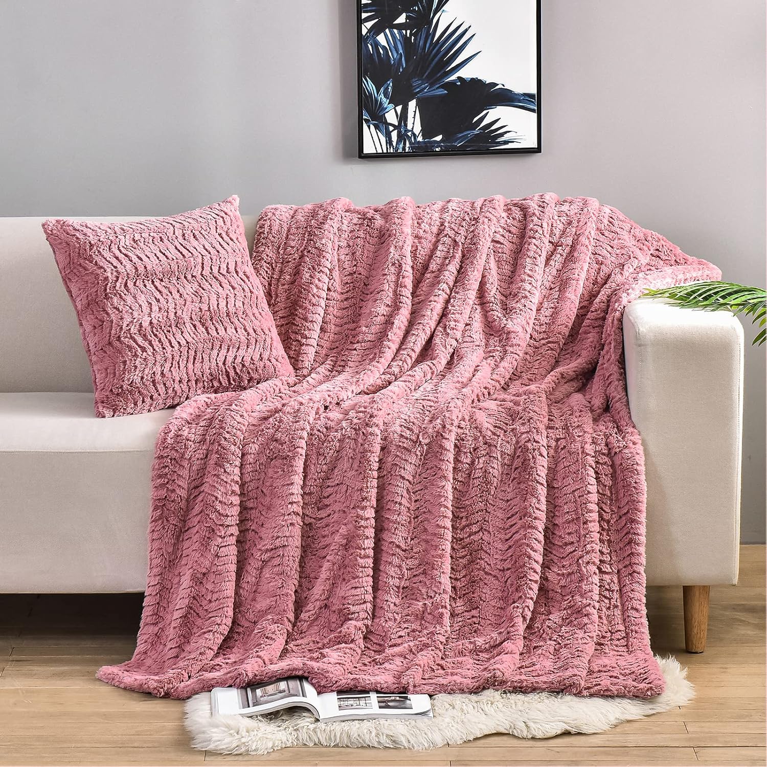 YUSOKI Luxury Double Sided Faux Fur Throw Blanket(Without Pillows),Soft Fuzzy Fl...