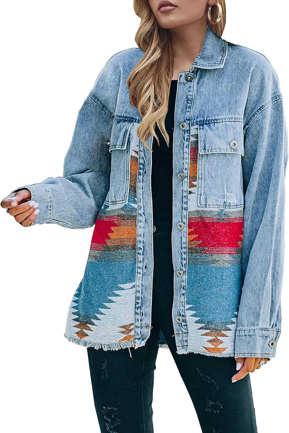Lumister Women's Denim Jacket, Special Aztec Denim Jacket with Distressed Lapel,...