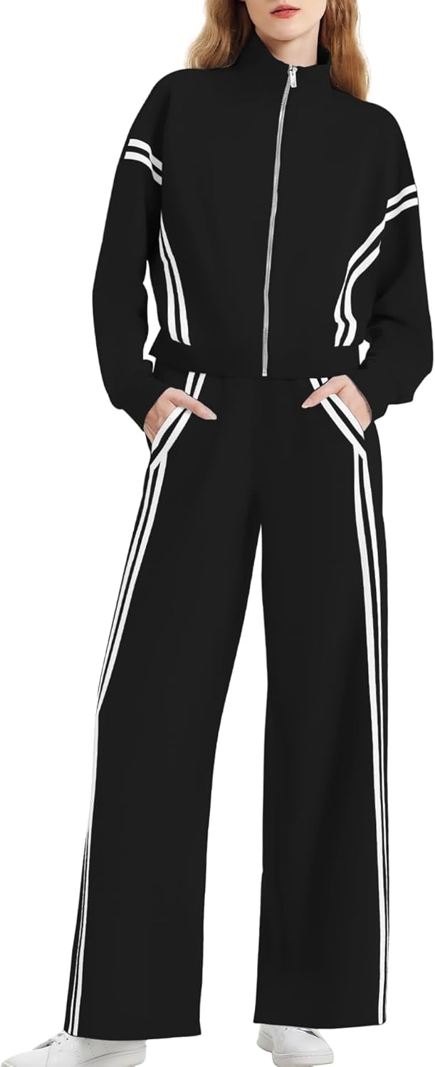 Women's 2 Piece Outfits Zip Up Sweatshirt Contrast Striped Wide Leg Sweatpants S...