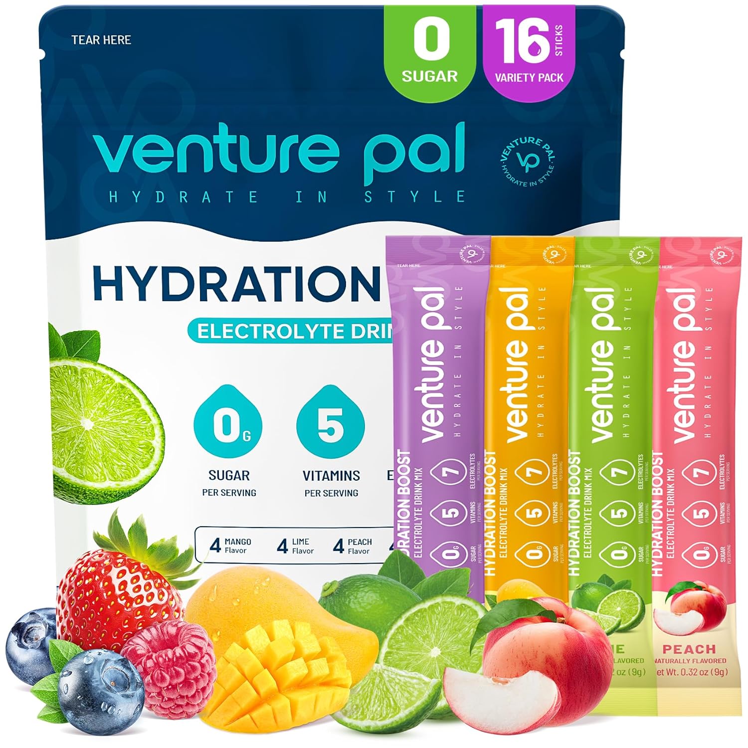 Venture Pal Sugar Free Electrolyte Powder Packets - Liquid Daily IV Hydration Pa...