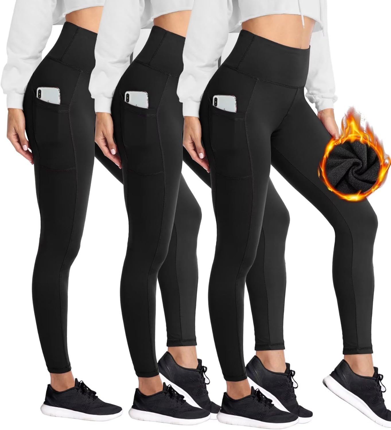 HIGHDAYS 3 Pack Women's Fleece Lined Leggings with Pockets - High Waist Winter T...
