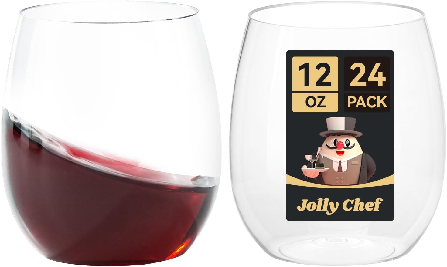 JOLLY CHEF 24 Pack 12 Oz Plastic Wine Glasses. Stemless Plastic Wine Cups, Dispo...