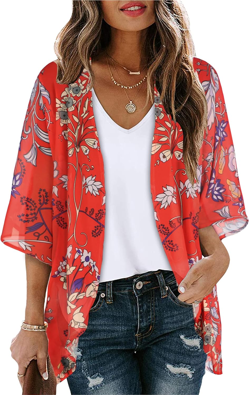 Women's Floral Print Puff Sleeve Kimono Cardigan, Special Loose Cover Up Casual...