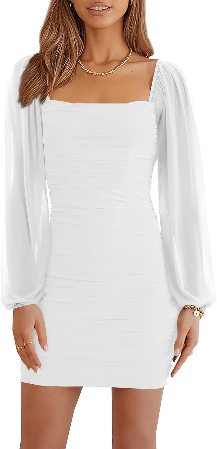 Wenrine Women's Dress, Special Mesh Long Sleeve Square Neck Ruched Party Club Co...