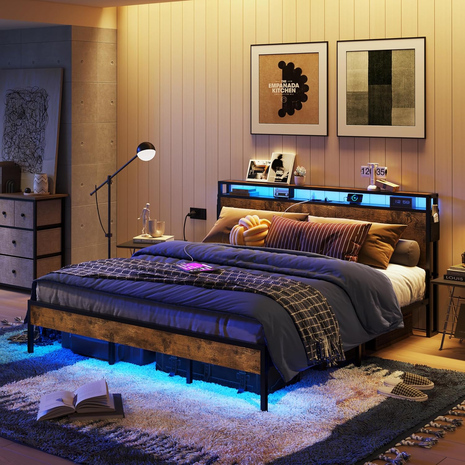 Bestier King Size Bed Frame with Headboard and Storage, Dual LED Platform Bed Fr...