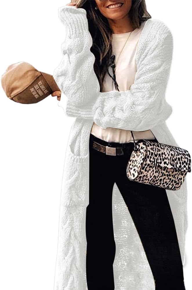 ZIWOCH Women's Long Cardigan Coats Cable Knit Casual Open Front Long Sleeve Loos...