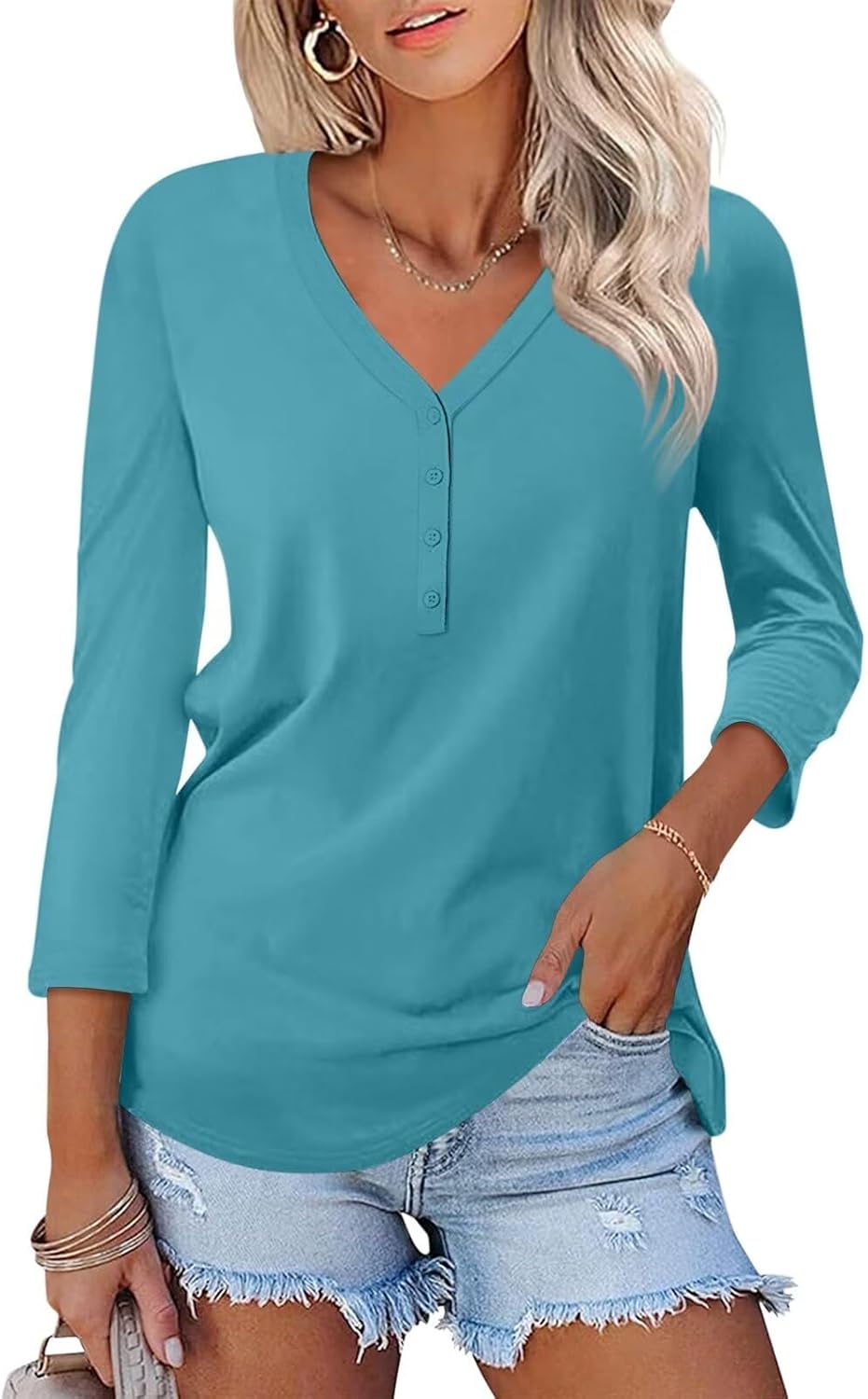 Minetom Women's V Neck Tops, Special 3/4 Sleeve Casual Shirts, High-Quality Basi...