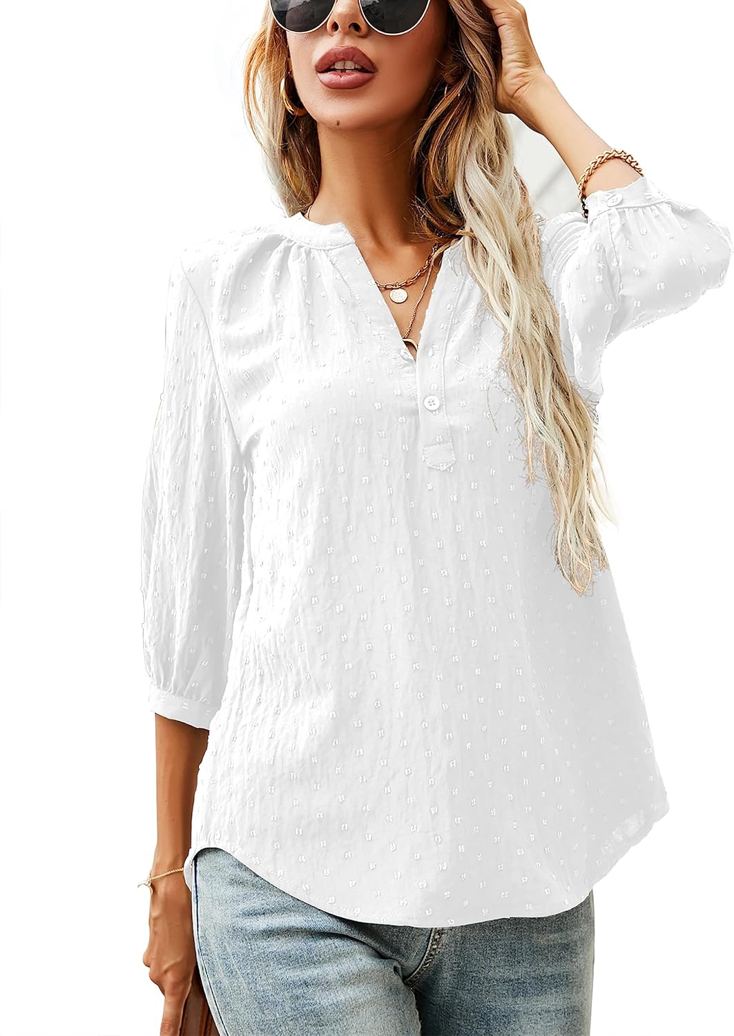LOMON Women's Casual Tops, Special 3/4 Sleeve Henley V-Neck, Innovative Button U...