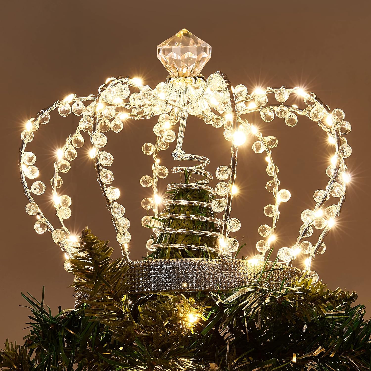 PEIDUO Christmas Jeweled Crown Tree Topper, Light up Tree Topper with 60 Warm Wh...