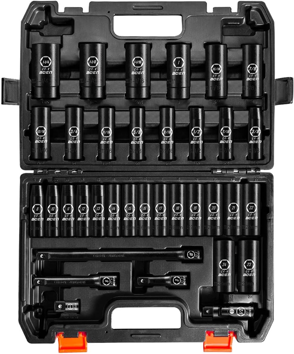 BOEN 35-Piece 1/2" Drive Deep Impact Socket Set - SAE 3/8"-1-1/4" & Metric 8-24m...