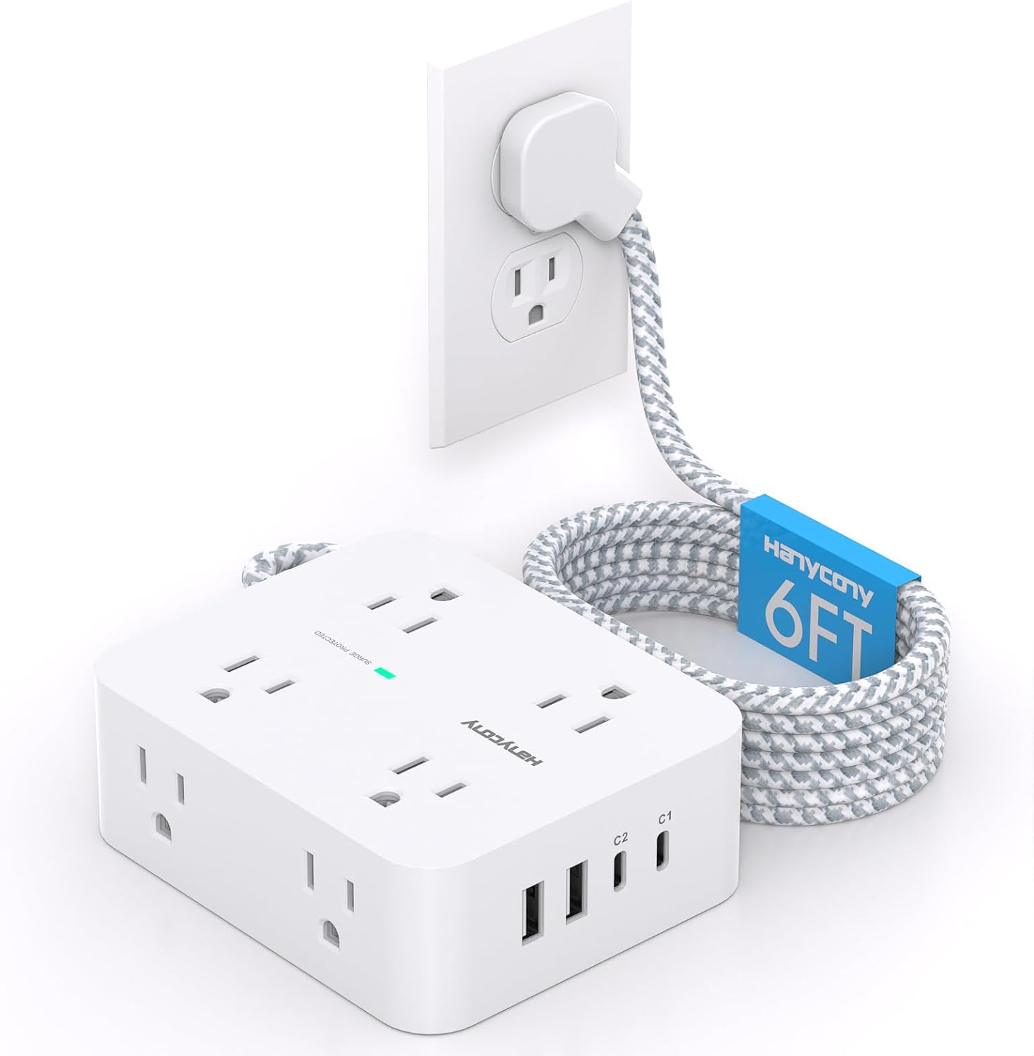 PD 30W USB C Power Strip Surge Protecor, 6 Ft Flat Plug Extension Cord with 8 Ou...