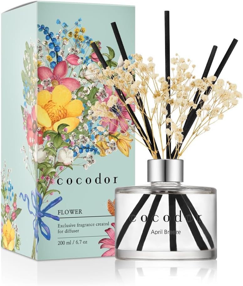 COCODOR Reed Diffuser Set with Preserved Baby's Breath with Sticks/April Breeze...