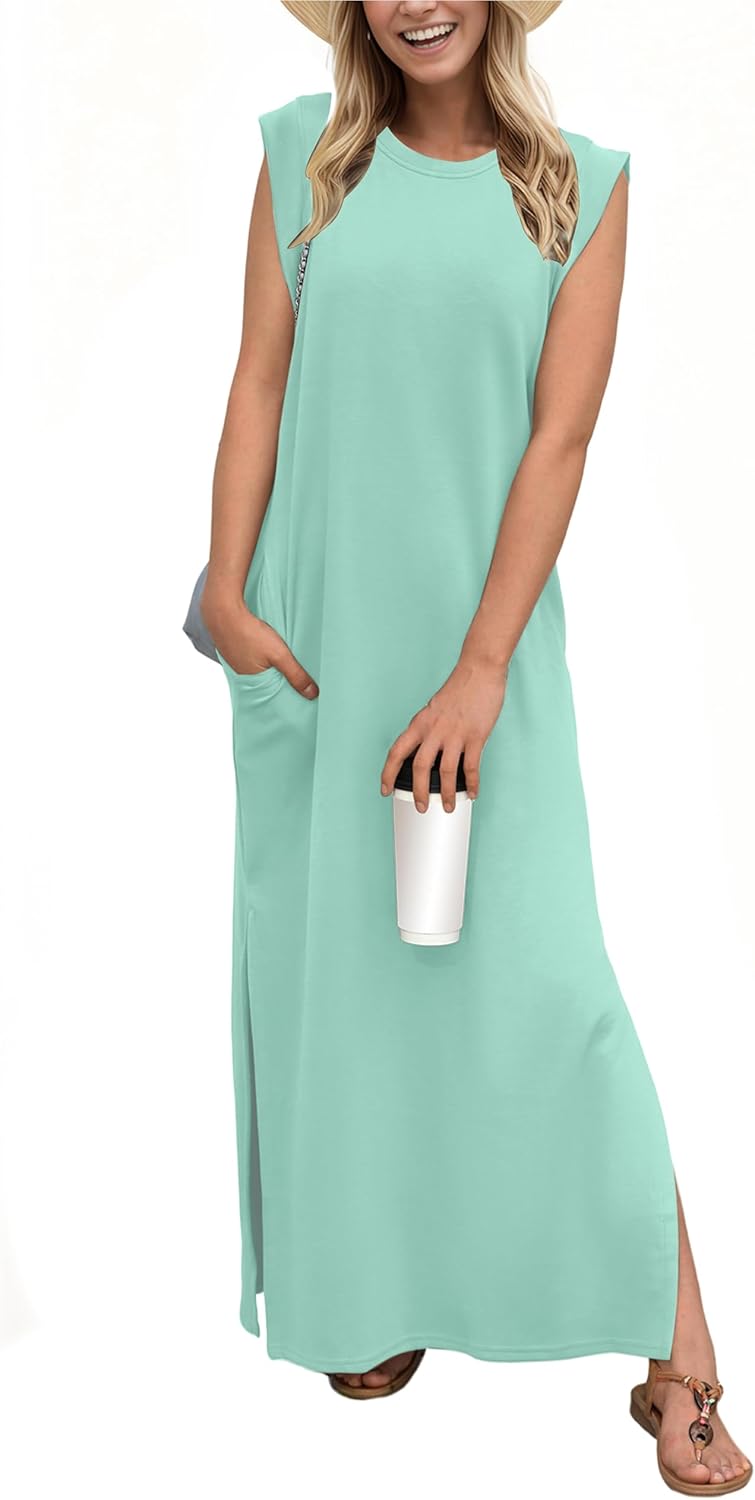 GRECERELLE 2024 Women Summer Round Neck Casual Loose Split Wrinkle-Free Long Max...