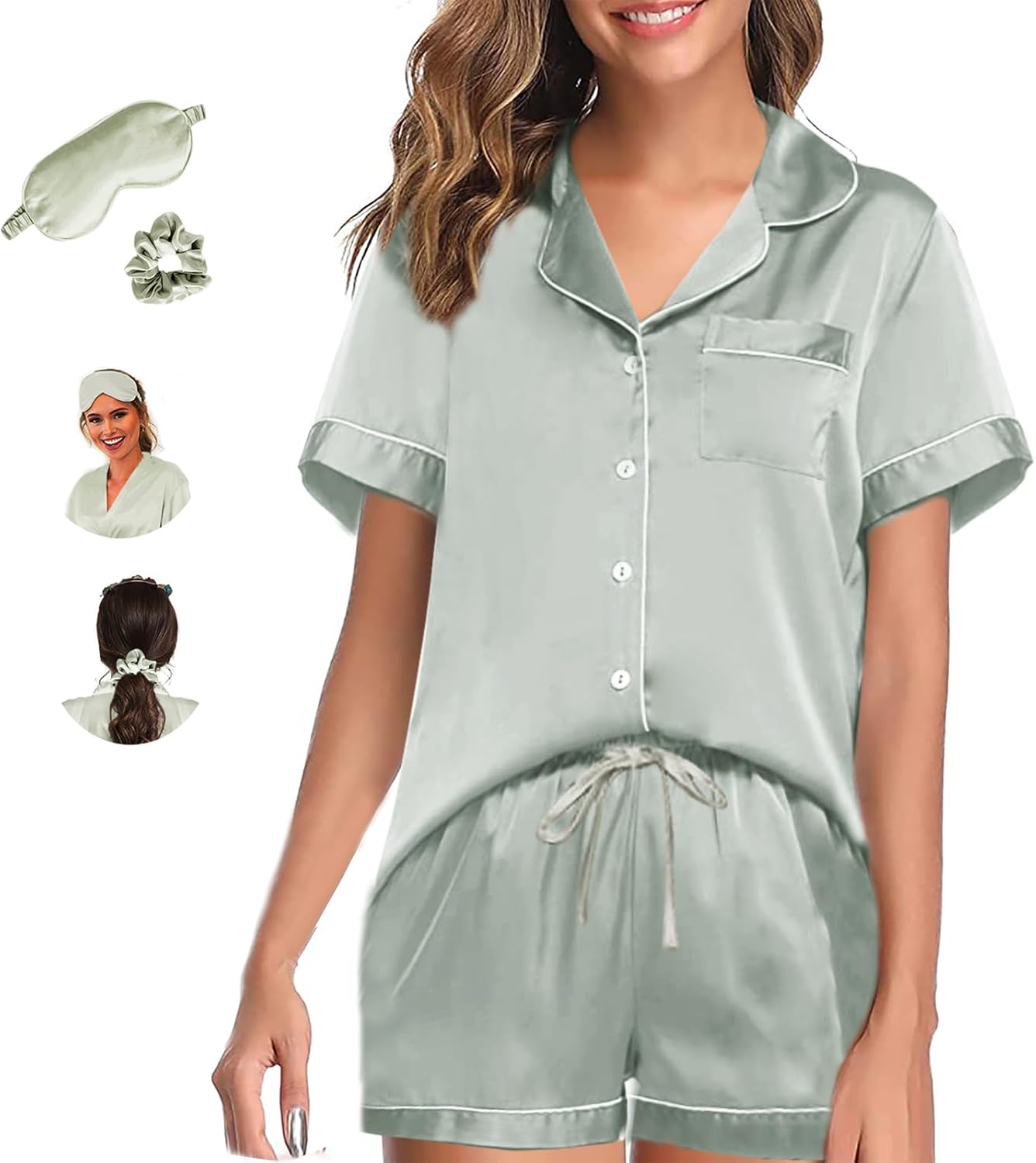 Womens Pajama Sets XS-4XL Silk Satin Pajamas Set Floral 2Pcs Pj Sets Button Down...