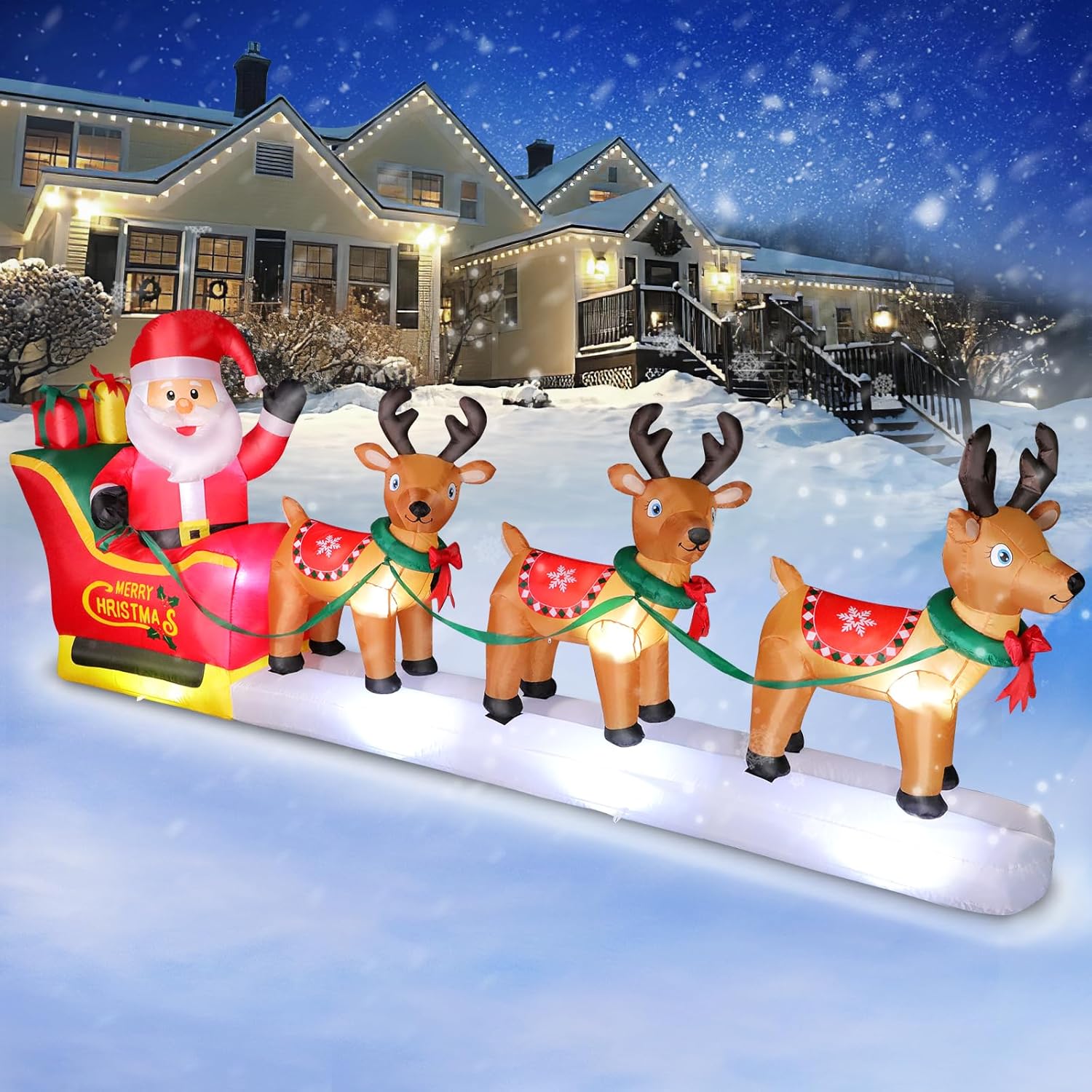 12 FT Christmas Inflatables Outdoor Decorations Santa Claus on Sleigh, Blow Up 3...