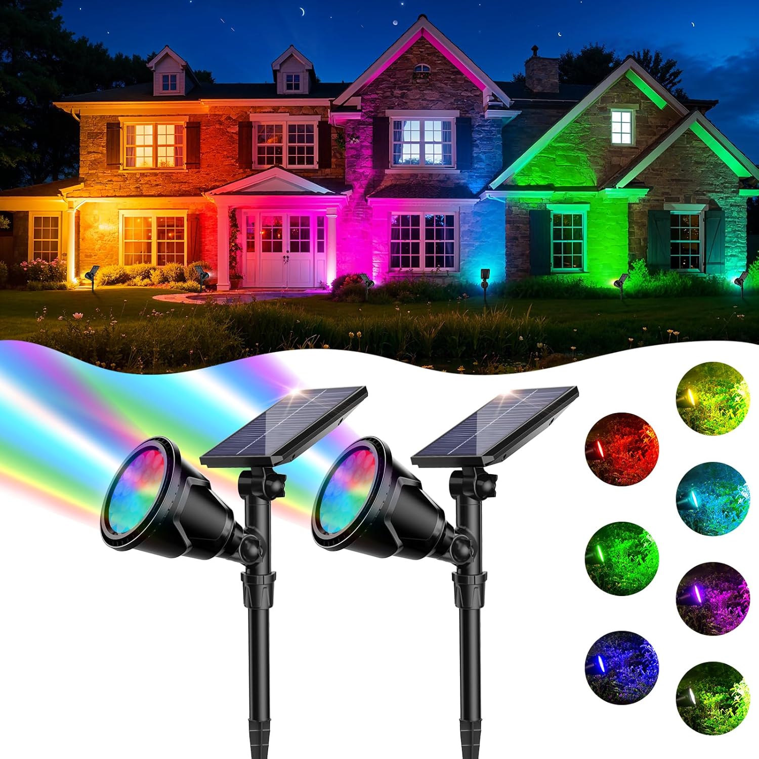 ROSHWEY Solar Spot Lights, Special Outdoor Solar Lights With 7 Colors for Hallow...