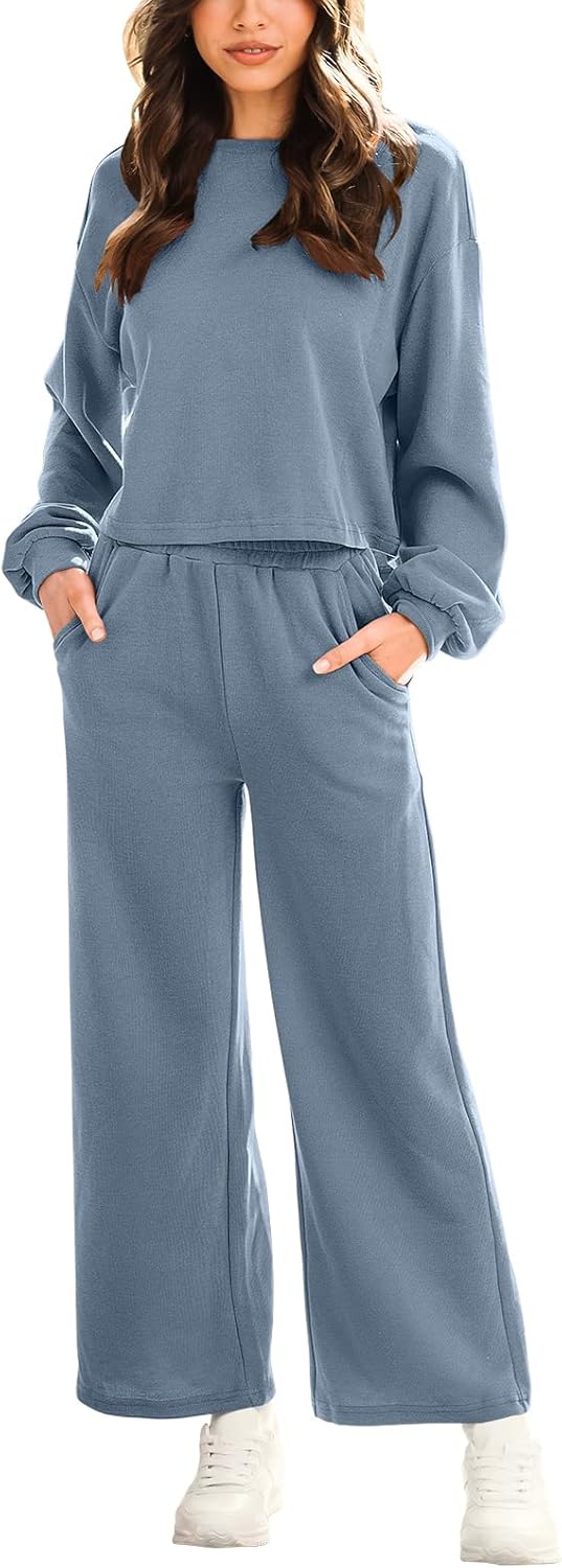 ANRABESS Women's Two Piece Outfits, Stylish Long Sleeve Crop Top and Wide Leg Sw...