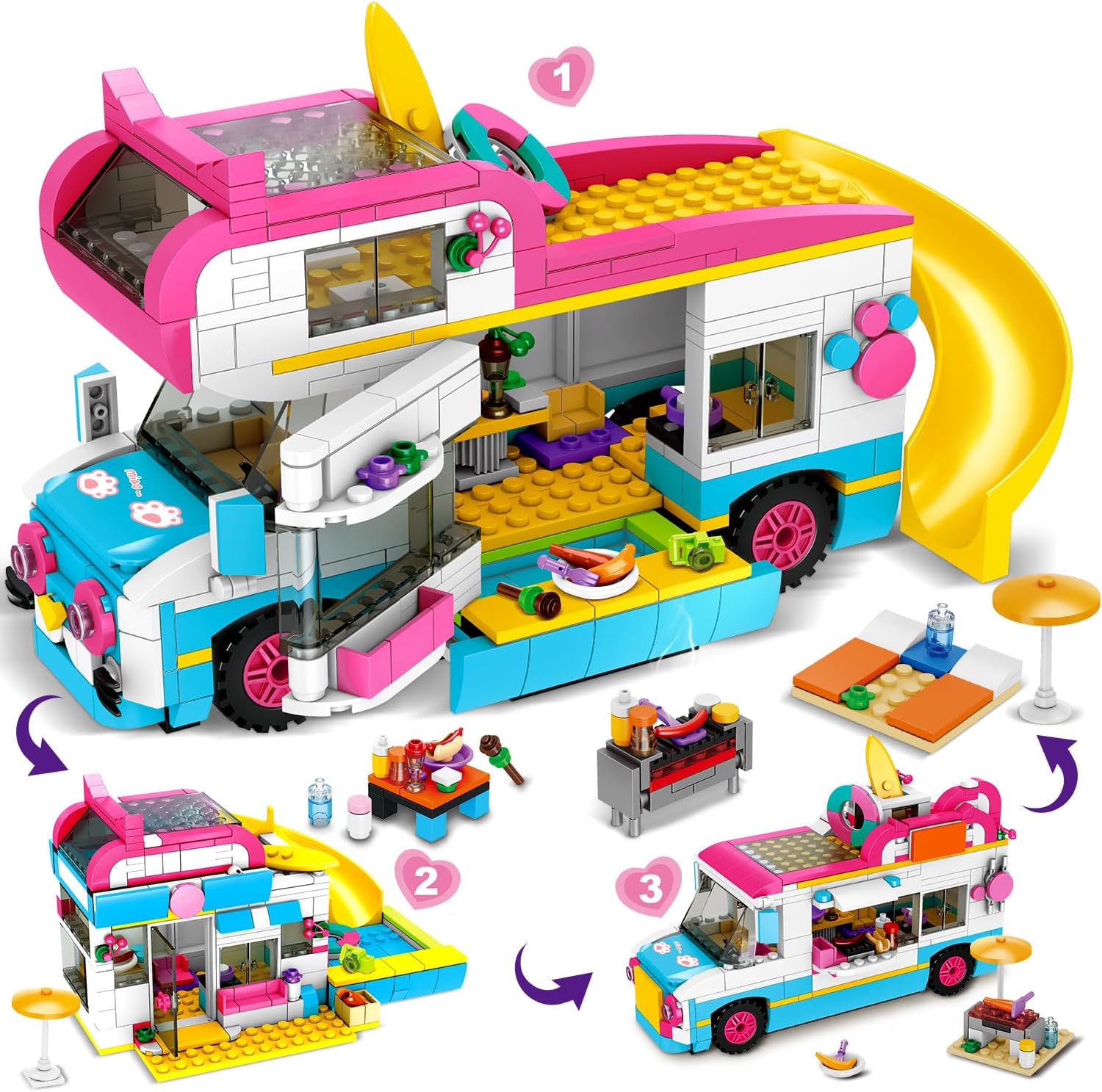 HOGOKIDS 3-in-1 Girls Camper Van Building Set - 494PCS Summer Beach Camping Buil...