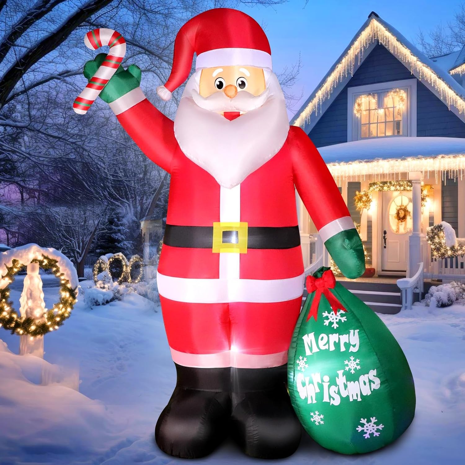 8 FT Christmas Inflatable Santa Claus with Candy and Big Gift Bag Outdoor Decor,...