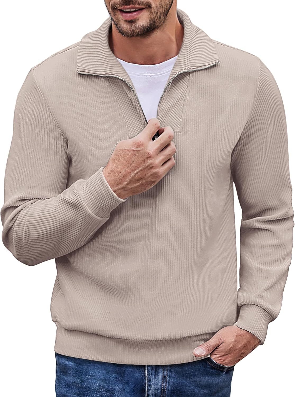 COOFANDY Men's Quarter Zip Up Pullover, Unique Slim Fit Mock Neck Long Sleeve Sw...