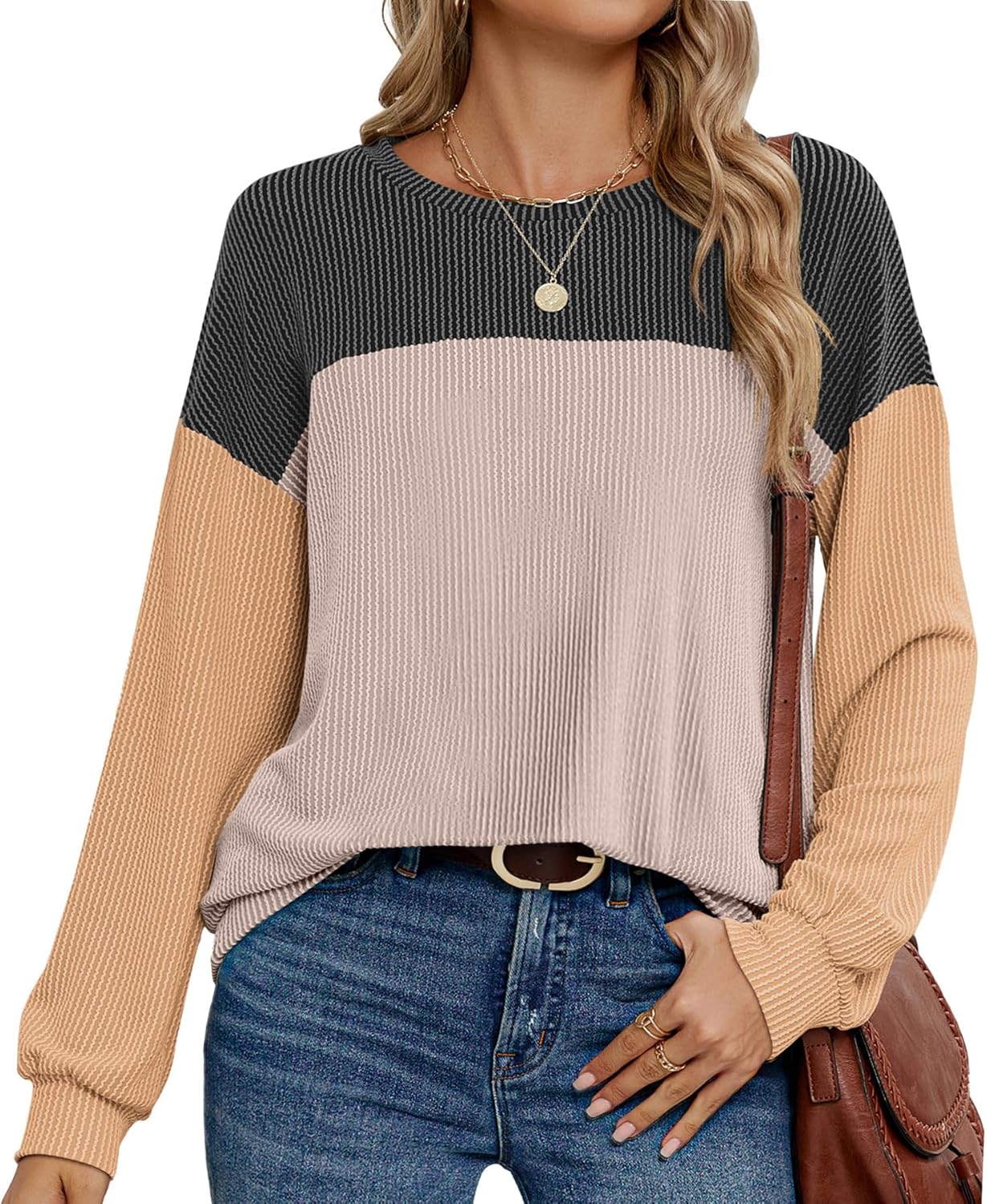 Womens Color Block Long Sleeve Crewneck Knitted Casual Loose Pullover Shirts Top...