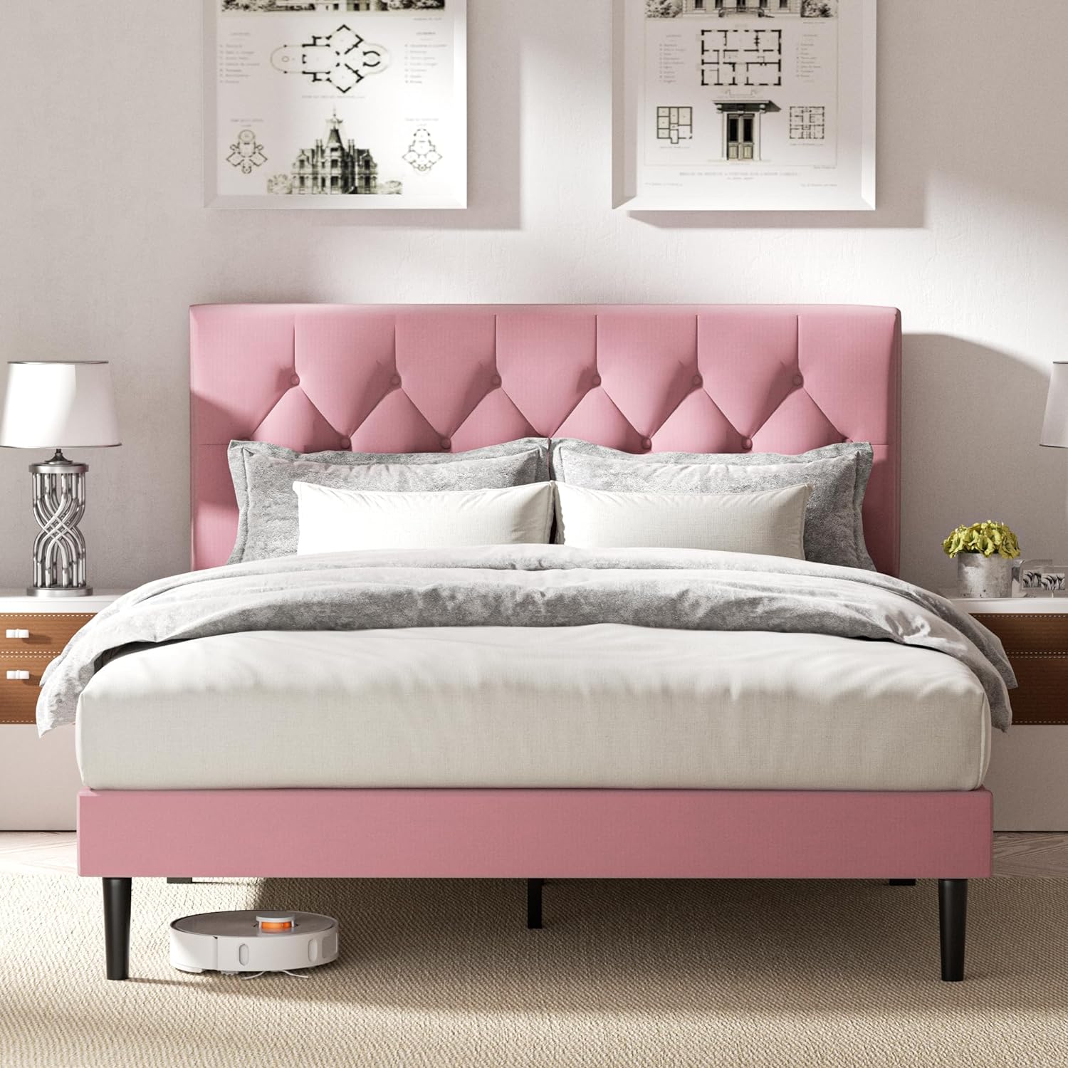 Full Size Platform Bed Frame, Special Velvet Upholstered Headboard with Button T...