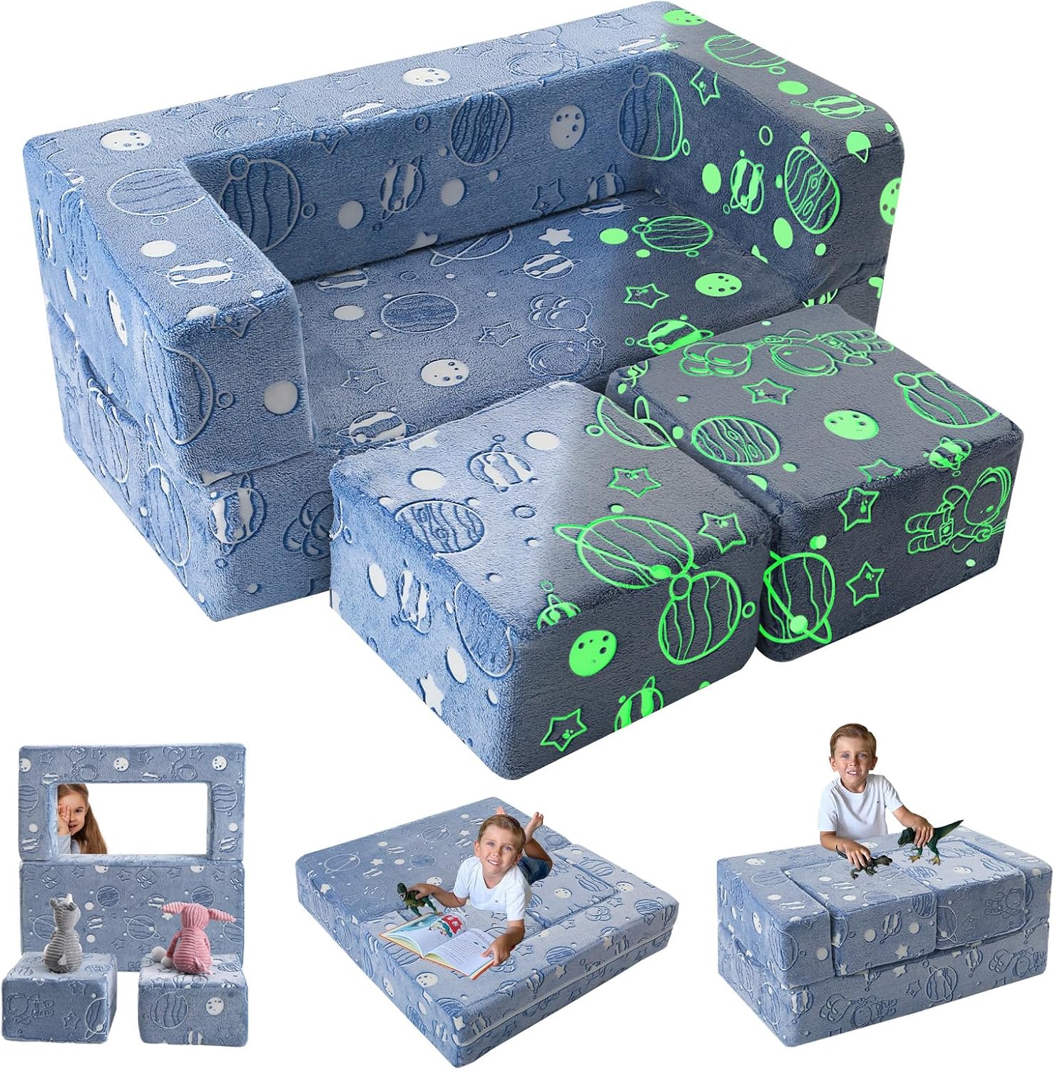 MeMoreCool Glow-in-The-Dark Space Kids Modular Play Couch – Blue Fold-Out Toddle...