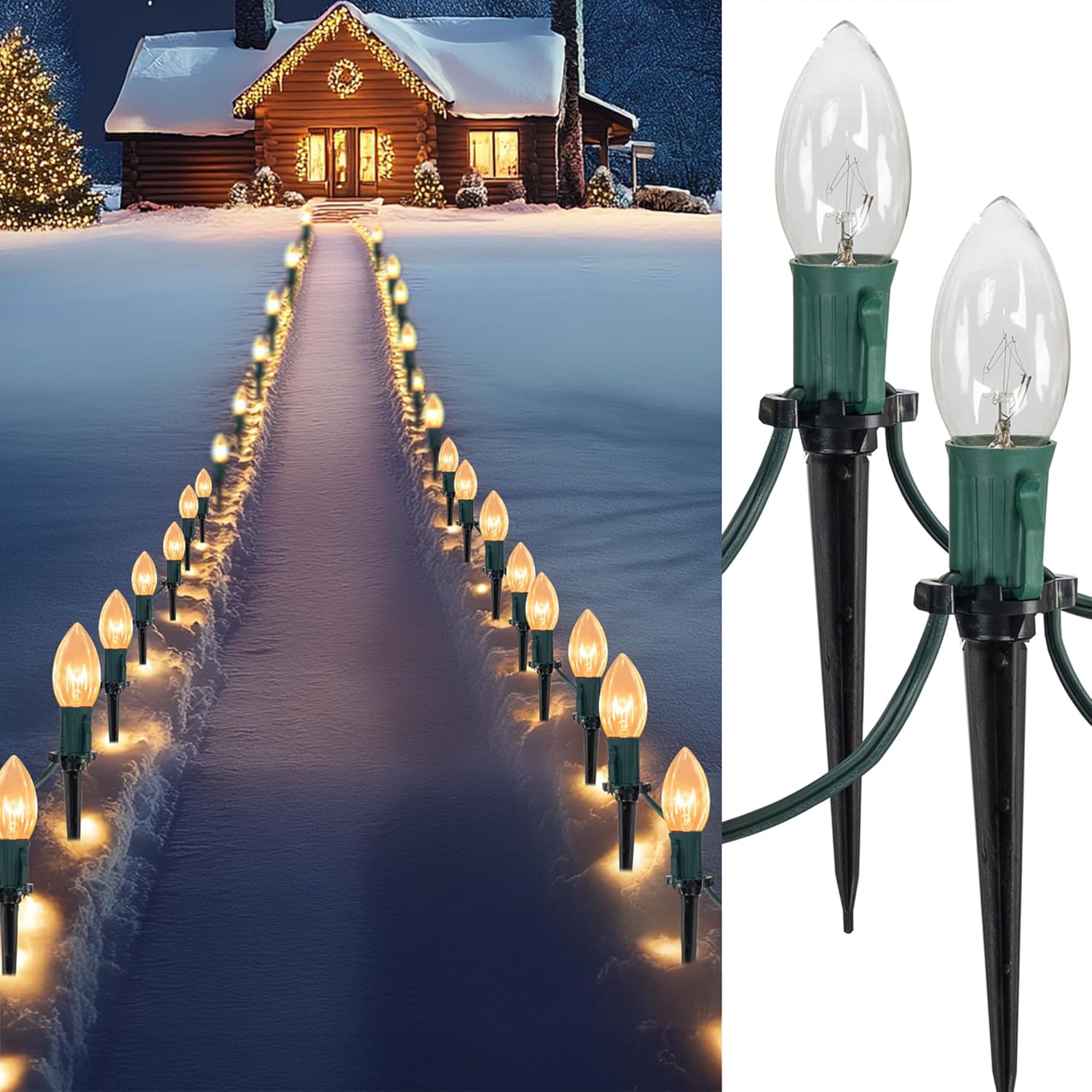 Dazzle Bright C9 Christmas Pathway Lights Outdoor, 30 FT 24 Bulbs Waterproof Wal...