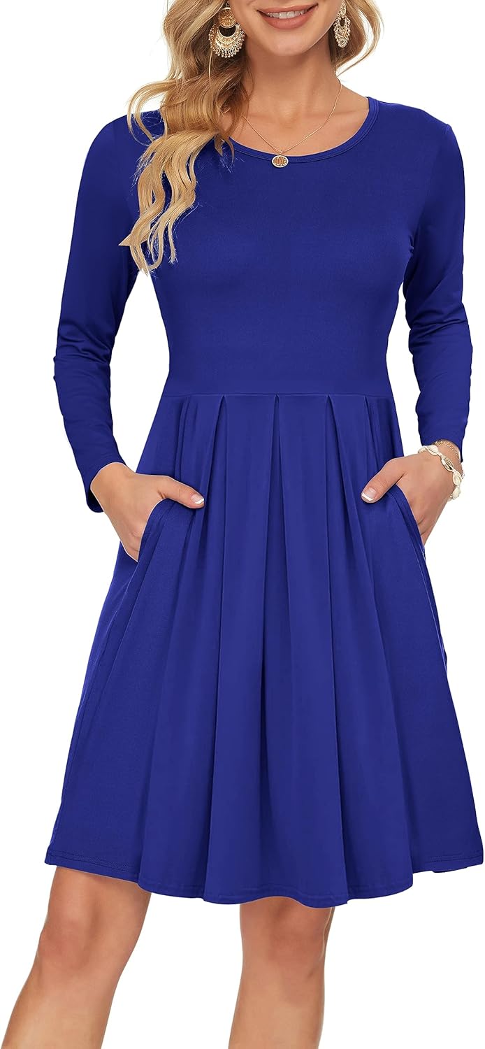 AUSELILY Women's Long Sleeve Dress Pleated Loose Swing Casual Dress with Pockets...