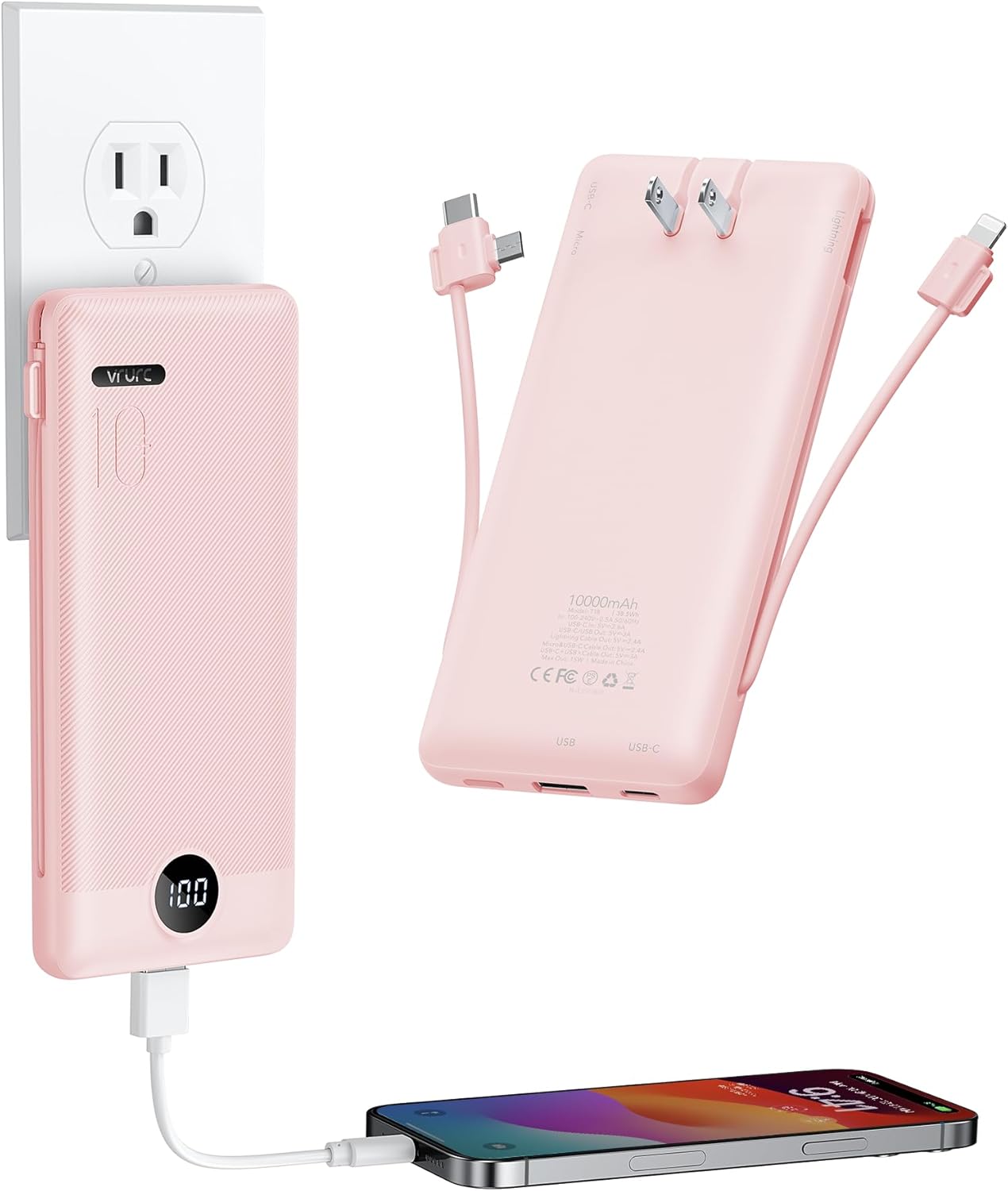 VRURC Portable Charger Power Bank with Wall Plug, 10000mAh Portable Charger with...