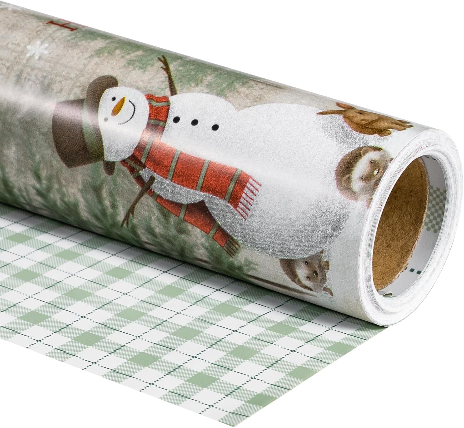 RUSPEPA Reversible Wrapping Paper Roll - Christmas Snowman and Plaid Pattern Gre...