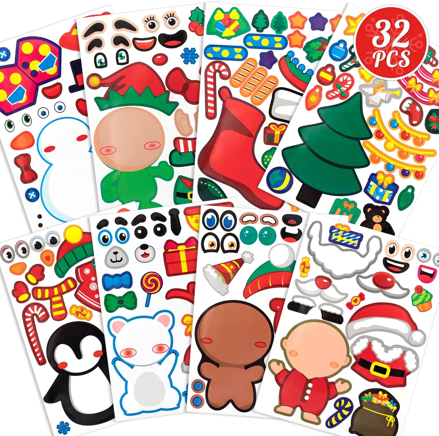 Mocoosy 32PCS Christmas Make a Face Sticker Sheets for Kids, Make Your Own Chris...