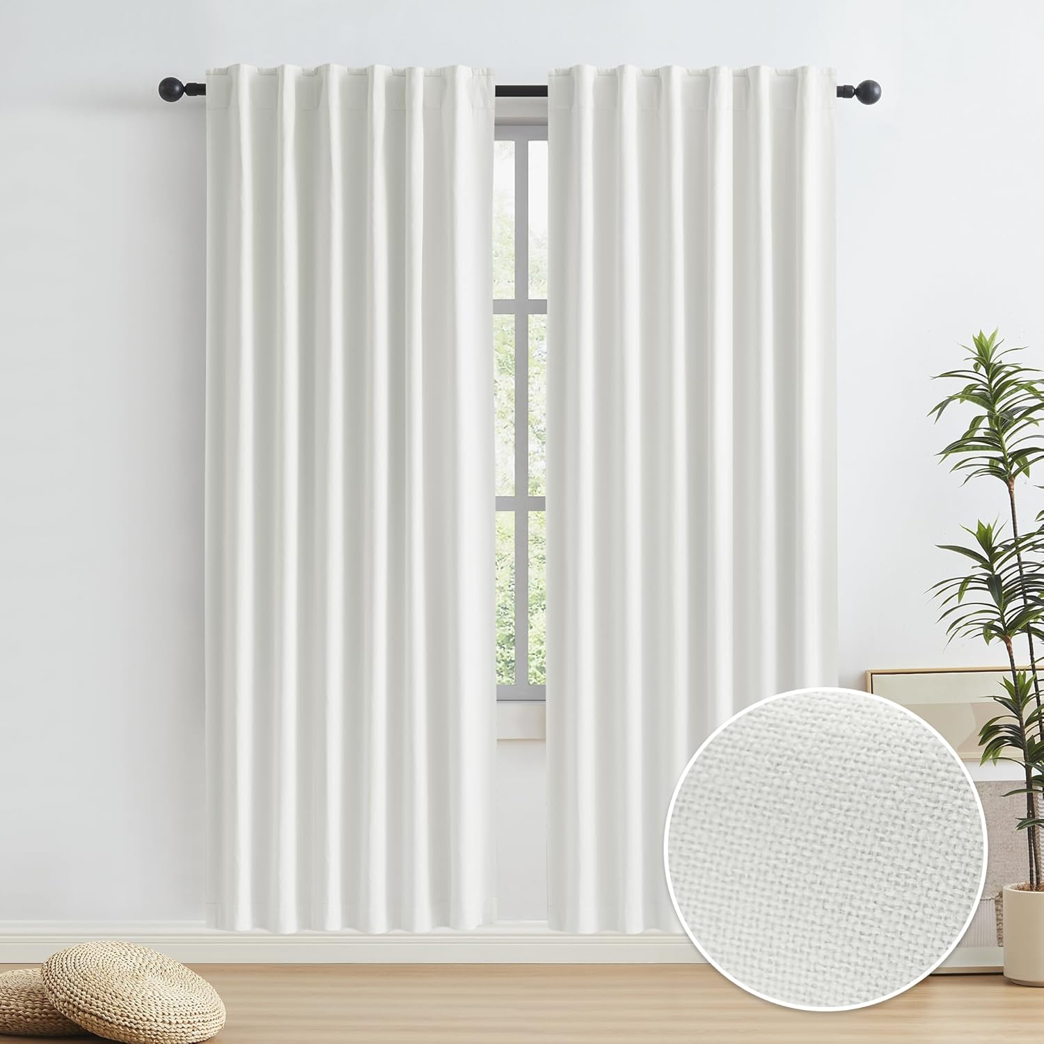 KEQIAOSUOCAI Ivory Ecru Blackout Linen Curtains Energy Smart Light Blocking Ther...