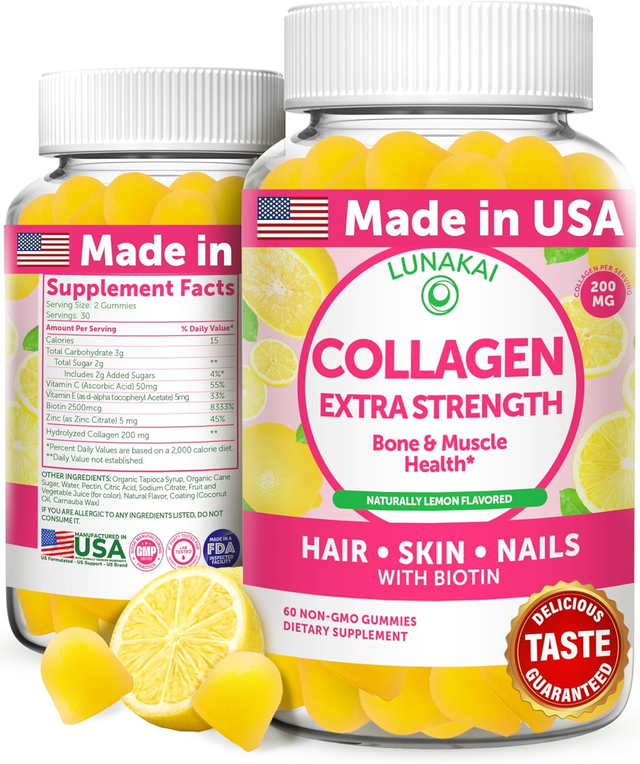 Lunakai USA Made Collagen Peptides Gummies - 200mg Non-GMO Anti-Aging Formula wi...