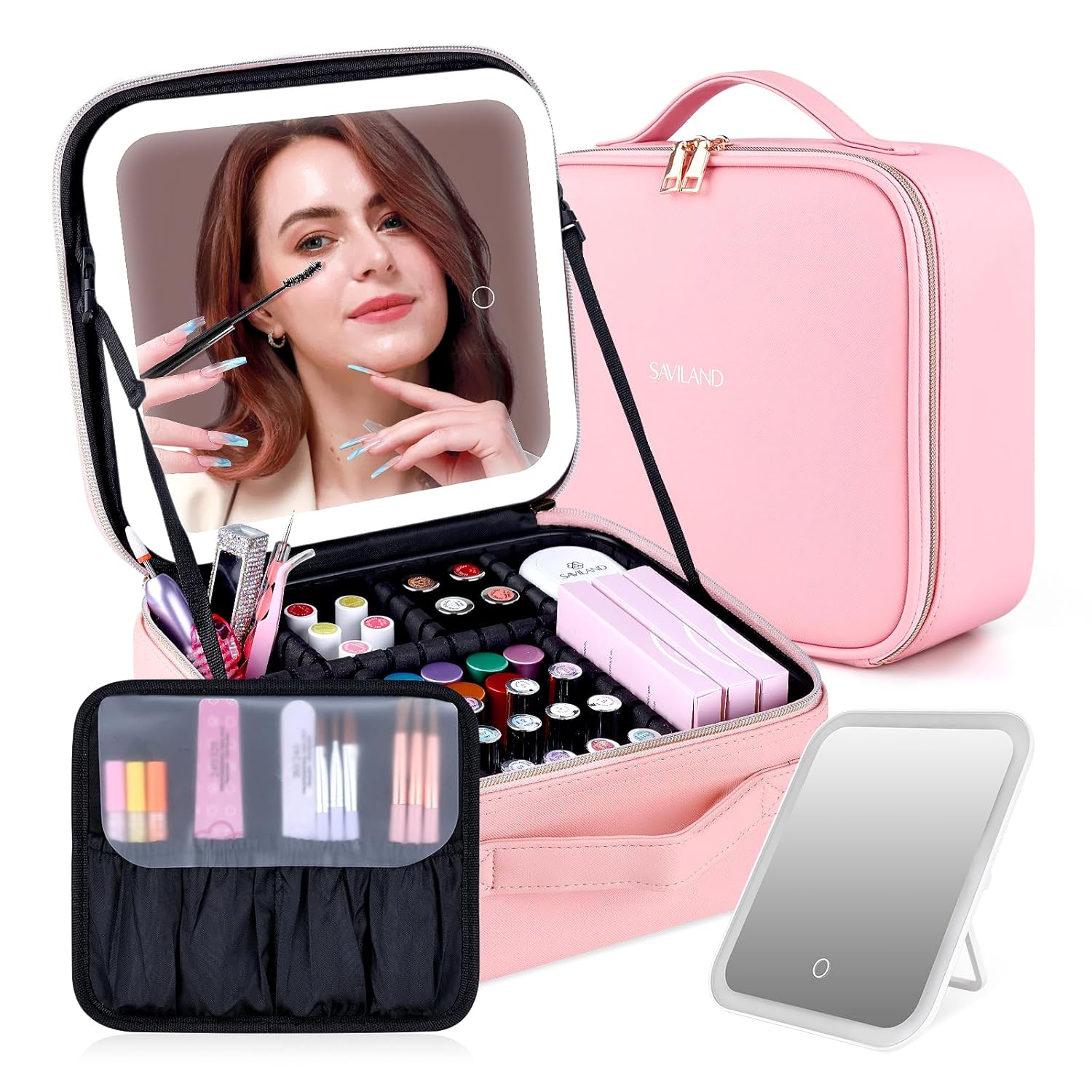 SAVILAND Travel Makeup Bag with Led Mirror: PU Leather Makeup Case for Women & M...