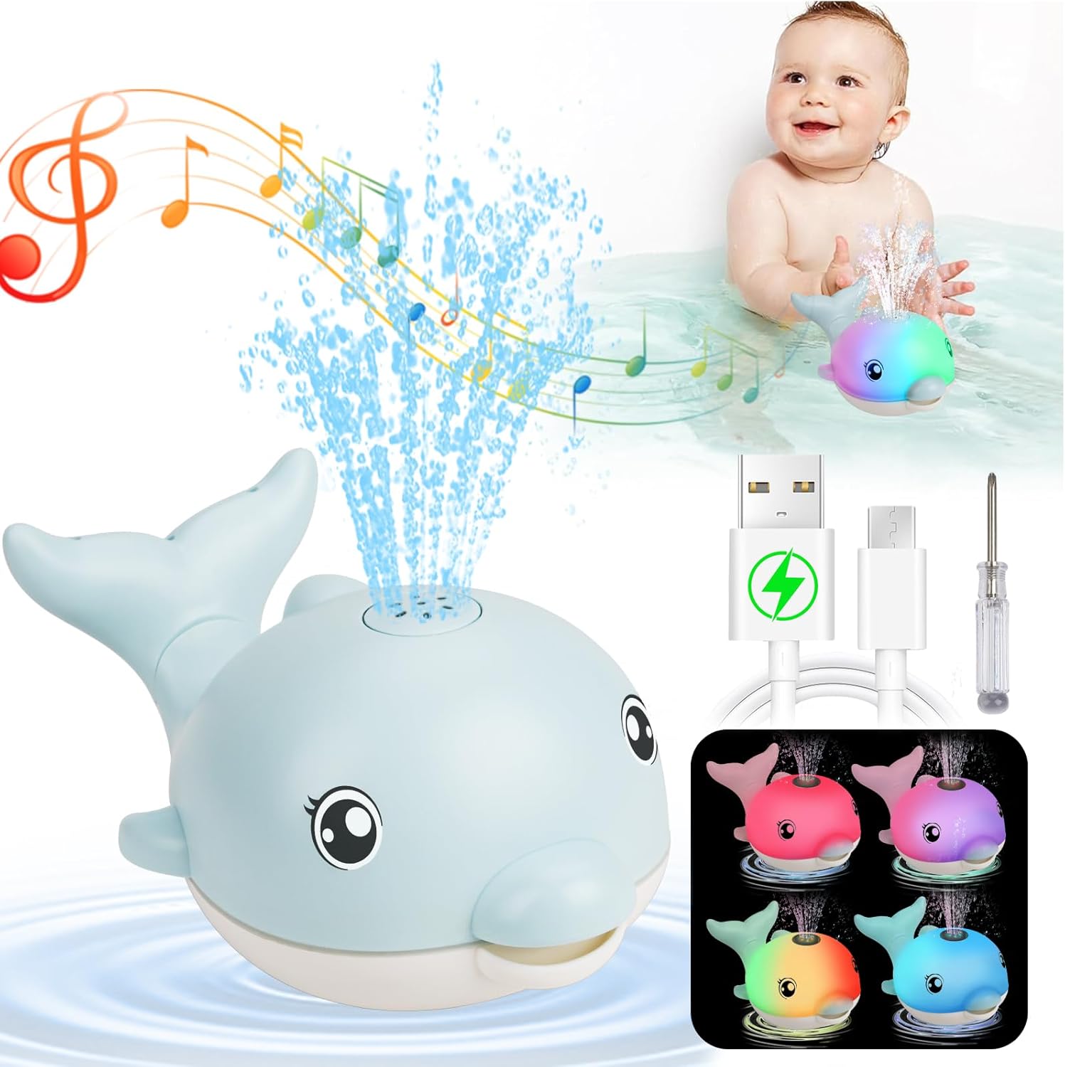 2024 Upgraded Bath Toys, Rechargeable Baby Bath Toys, Dolphin Spray Water Light...