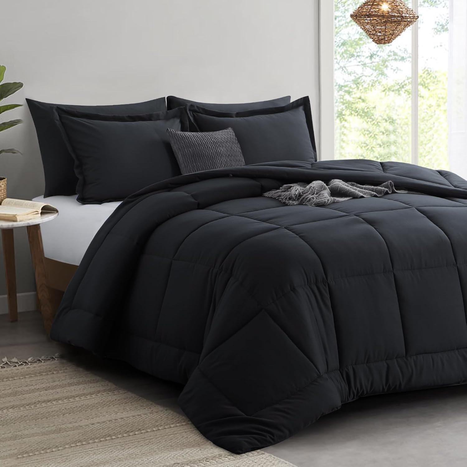 RUIKASI Black Queen Comforter Sets - 3 Piece Plain Comforter Sets Queen Size Bed...