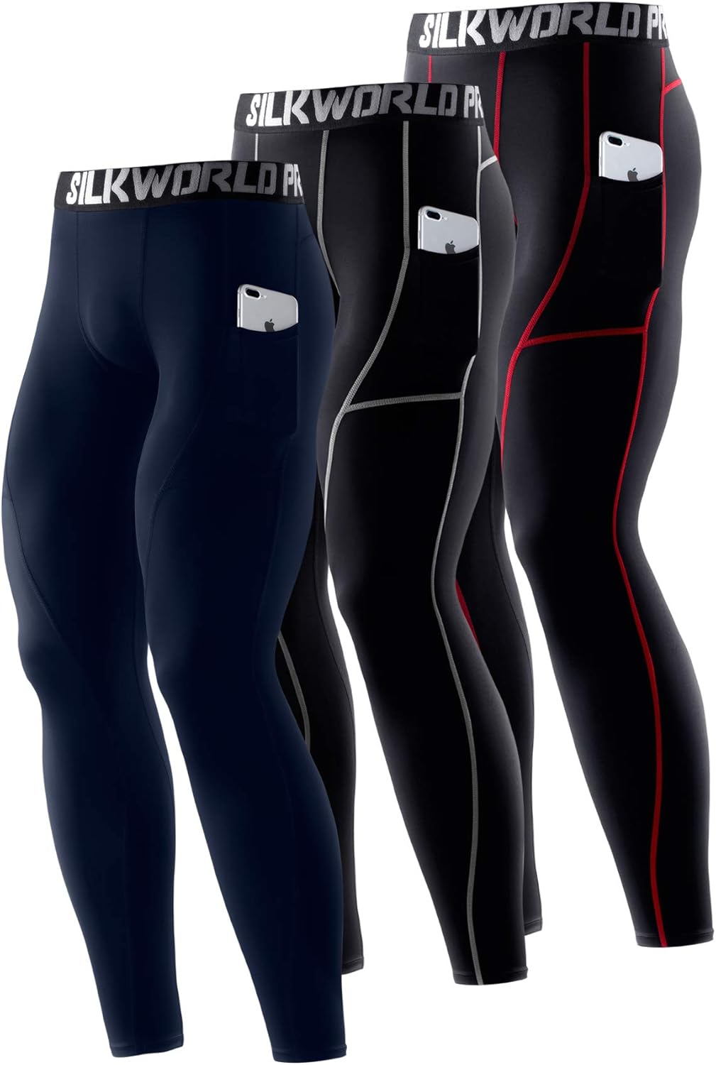 SILKWORLD Men's 1~3 Pack Compression Pants, Special Cool Dry Gym Leggings with P...