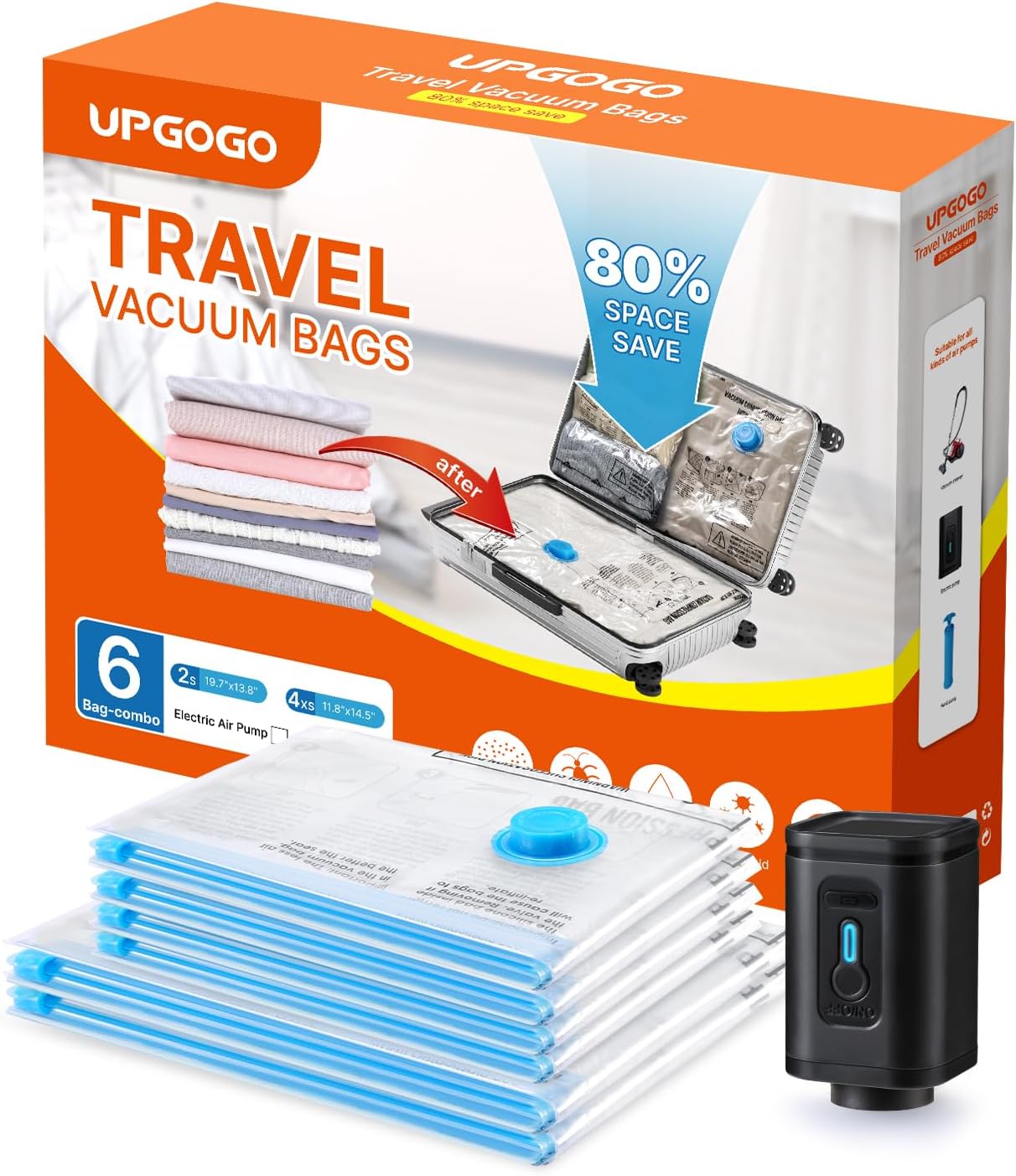 Travel Vacuum Bags with Prtable Electric Pump (Combo 6 Pack),Vacuum Seal Bags fo...