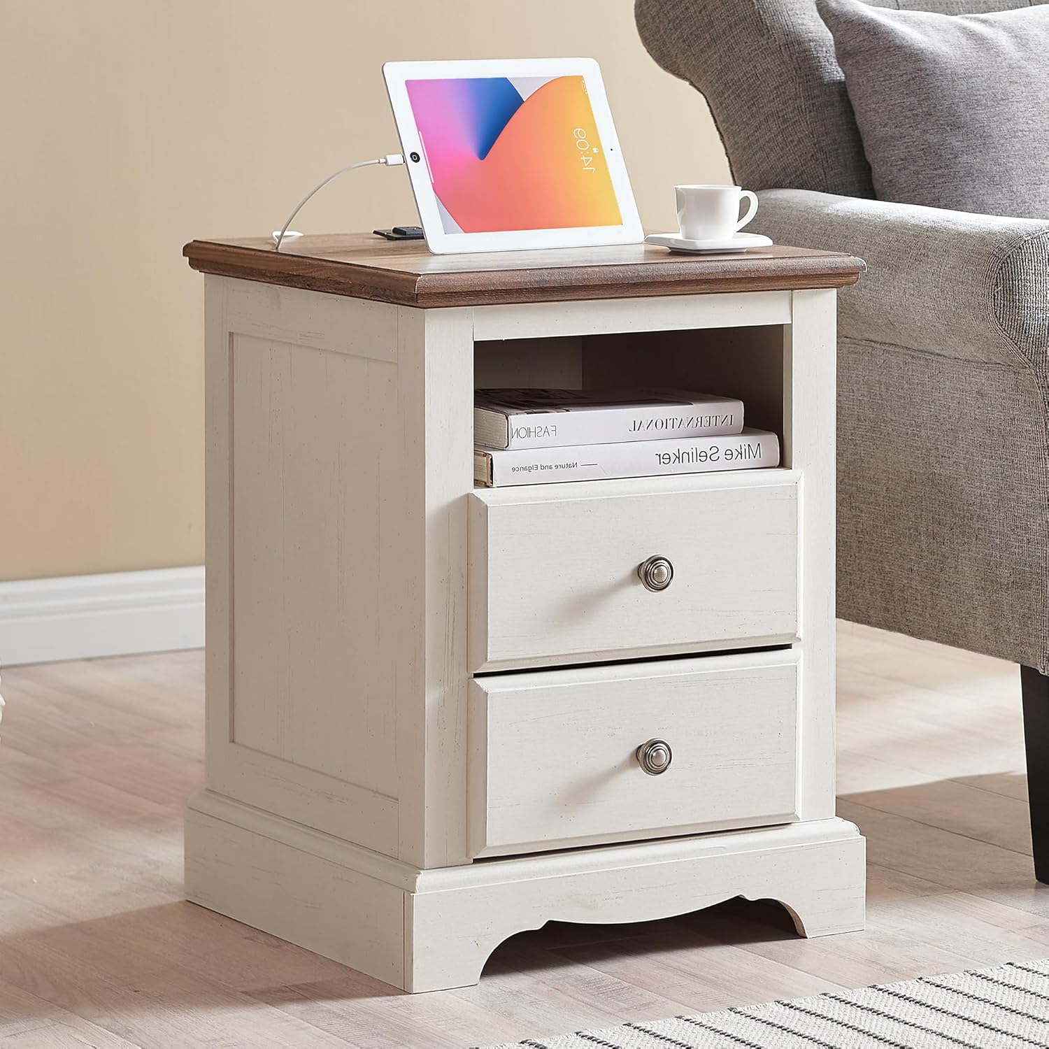 T4TREAM Nightstand with Charging Station, 18 Inch Vintage End Table with 2 Drawe...