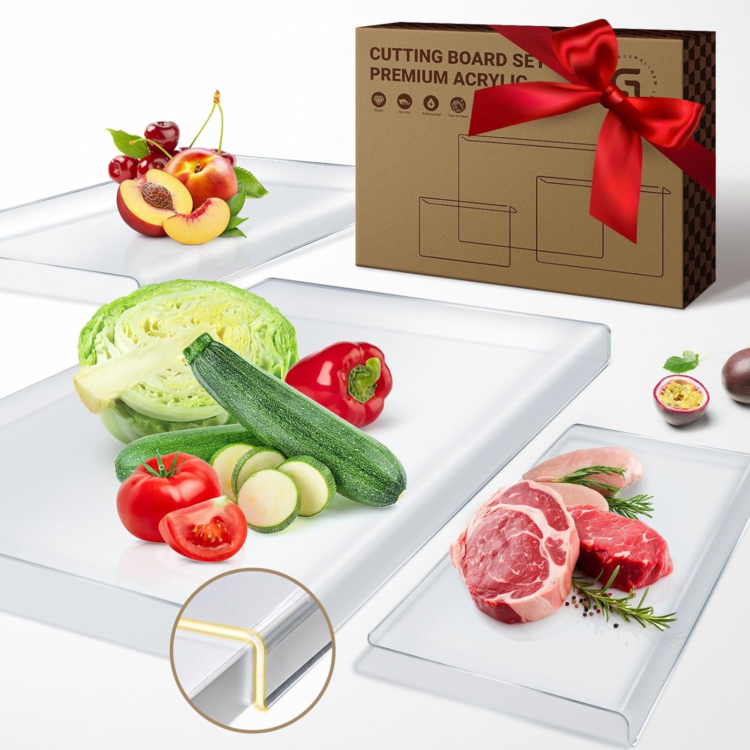 3PCS Acrylic Cutting Board with Counter Lip, Cutting Board Set, Clear Cutting Bo...