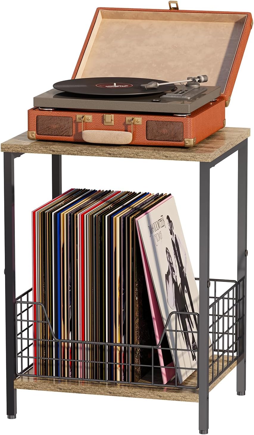 Industrial Retro Side Table, Unique 2-Tier Record Player Table for Living Room,...