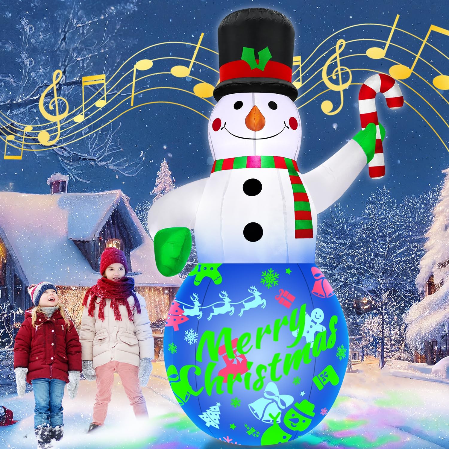 7Ft Christmas Inflatables Snowman Built-in Music Box & Rotating Colorful LED Lig...