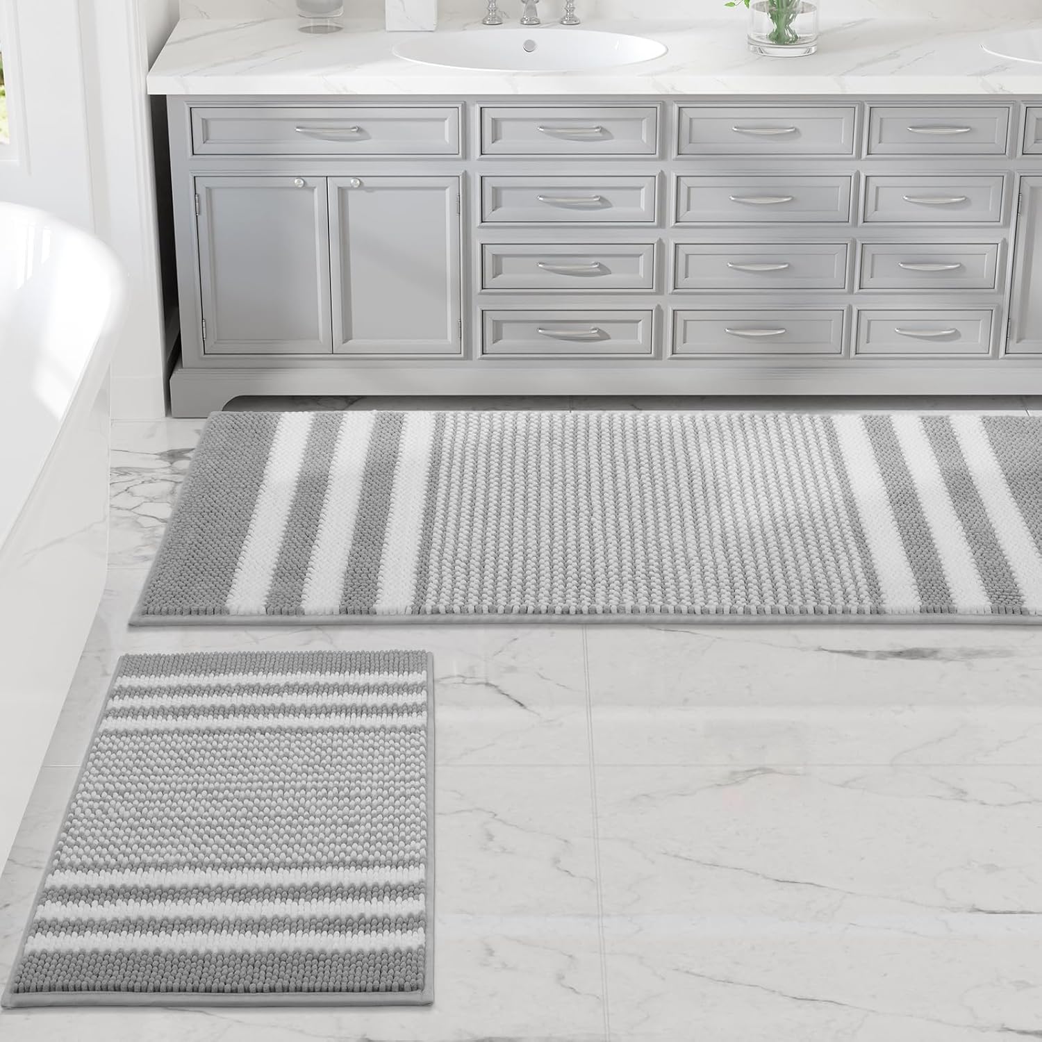 Bathroom Rugs Set 2 Piece, Extra Soft and Absorbent Fluffy Striped Chenille Bath...